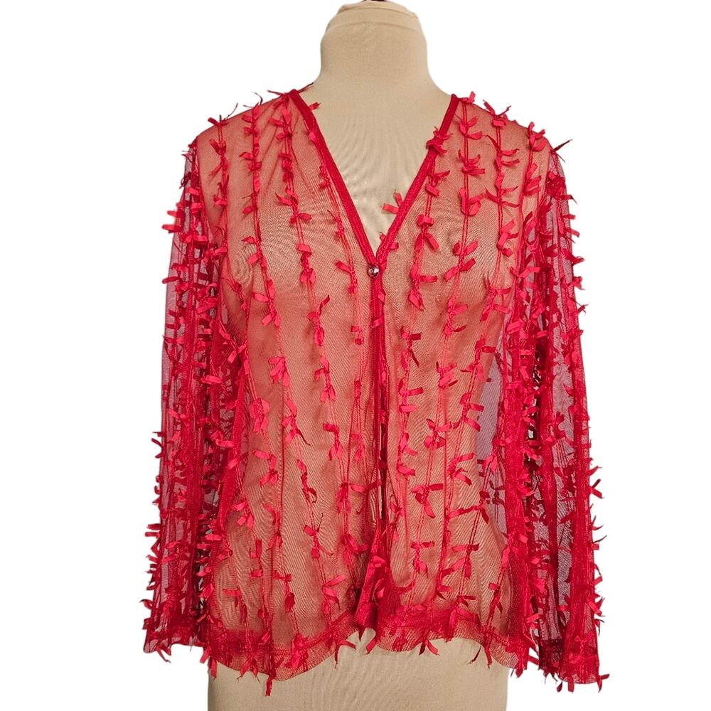 Maxima USA Shrug Womens Medium Sheer Mesh Cherry Red Ribbon Festive Holiday - Picture 2 of 14